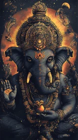 Radiant Ganesha portrait glows with ornate golden serenity