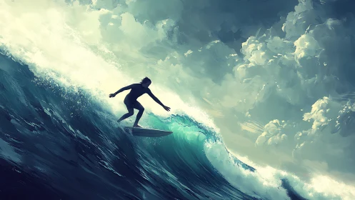 Digital seascape of lone surfer on towering storm wave.