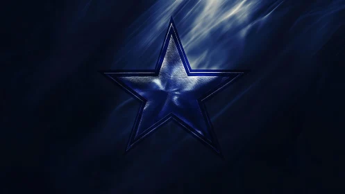 Metallic blue star emblem on dark abstract light field.