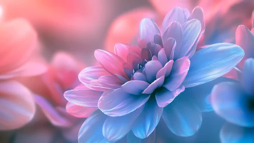 Layered pink and blue dahlia with gradient lighting effect.