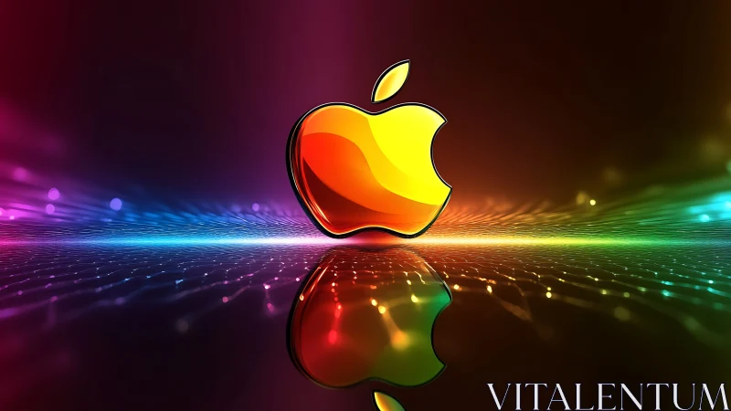 Glossy multicolor apple logo on luminous digital surface.