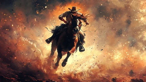 Cowboy racing through a storm of fire and flying dust.