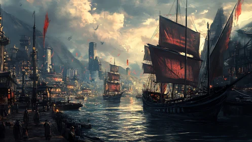 Cinematic harbor skyline with red-sailed junks at dusk