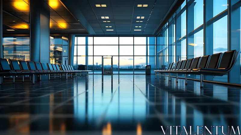 Empty airport gate waiting area at sunrise with blue glass.