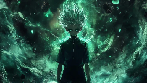 Telekinetic anime figure in emerald cosmic energy vortex