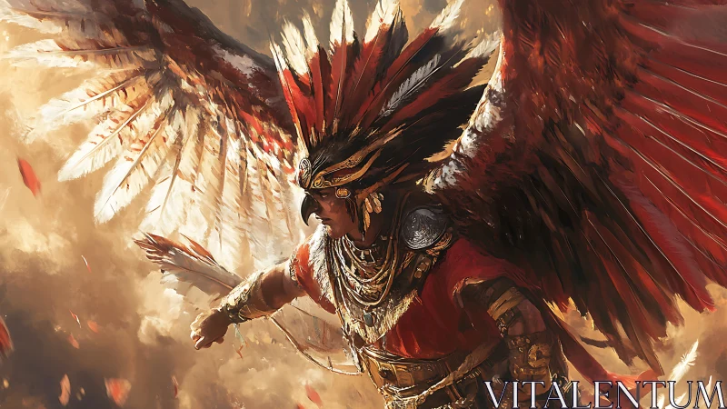 Winged Mesoamerican warrior soaring through turbulent ochre sky