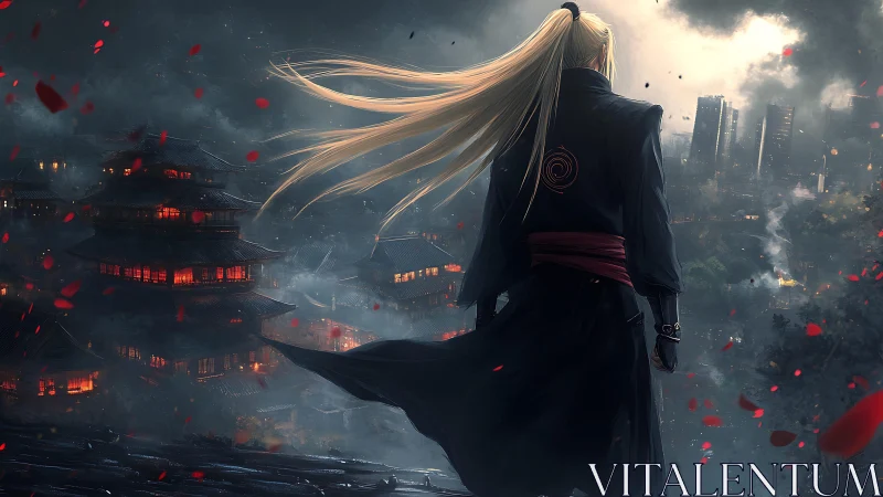 Warrior silhouette over neon city and burning pagodas.