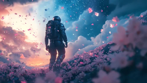 Digital painting of astronaut in ethereal blossom nebula field.