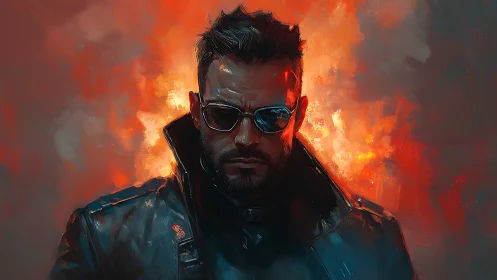 Brooding cyber renegade framed in molten ember light.