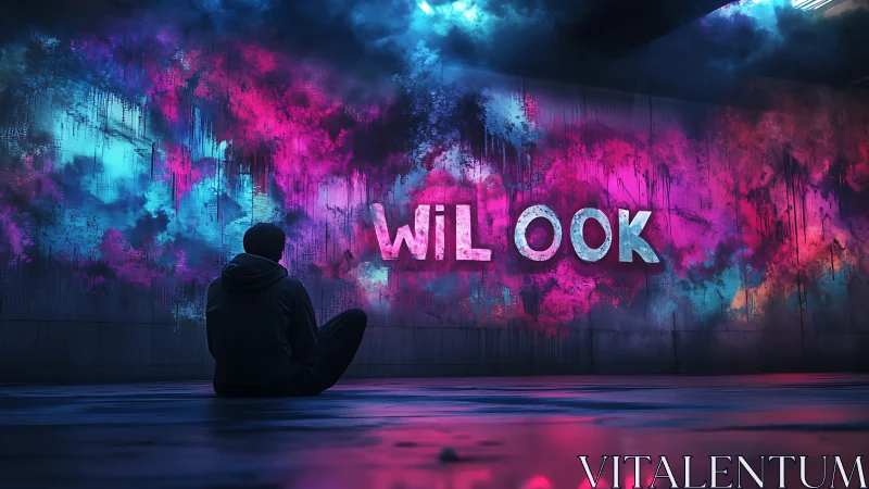 Lone figure studies neon graffiti text in moody tunnel.