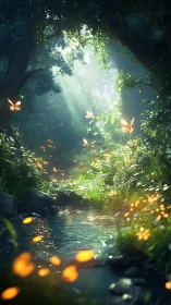 Luminous forest creek with glowing butterflies in misty light.