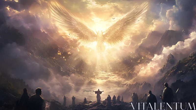 Radiant angel descends above awe-struck figures in vast valley