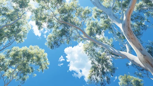 Sunlit eucalyptus canopy stretches across vivid blue sky.