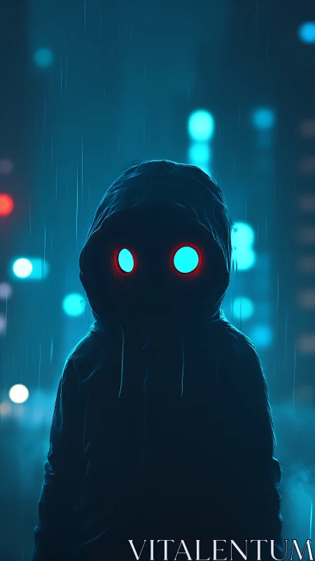 Hooded urban figure with glowing eyes in rainy neon street.
