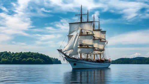 Wind-bright tall ship gliding across a glassy summer horizon.