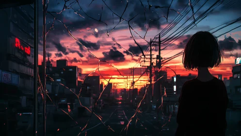 Shattered dusk horizon over neon city streets and lone dreamer.