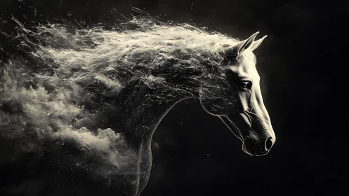Spectral stallion dissolving into swirling smoke forms.