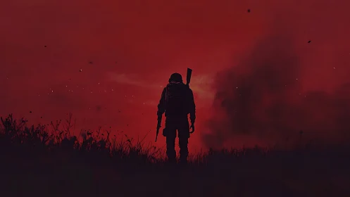 Silhouette of armed figure in red smoke filled outdoor field.