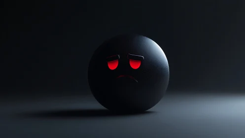 Matte black 3D emoticon sphere with red emissive sad expression