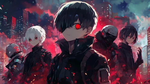 Red eyed anime squad in burning neon city at night.