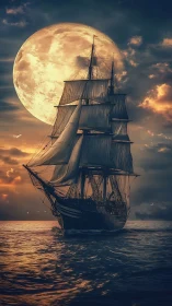 Moonlit tall ship gliding gently across a glowing sea.