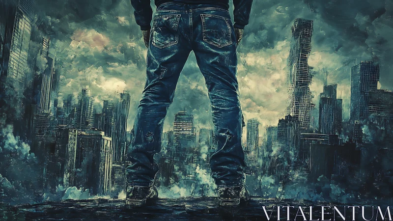 Solitary figure confronting storm-lit post-apocalyptic cityscape.