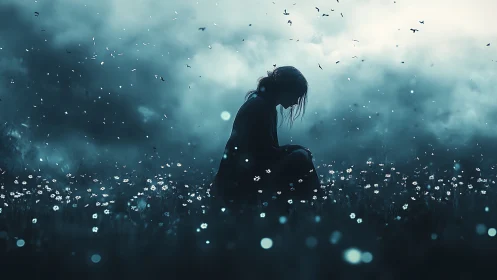 Digital painting of solitary figure in luminous field at dusk.