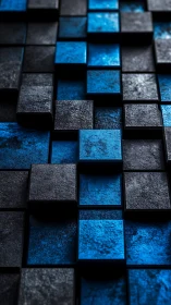 Layered blue and black textured cubes in grid pattern.