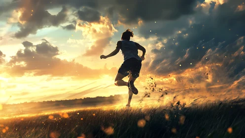 Backlit runner sprints through glowing field at stormy sunset