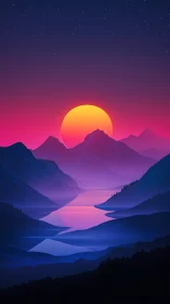 Neon gradient sunset over stylized mountains and river valley.