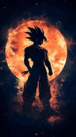 Starlit warrior silhouette against a burning cosmic moon.