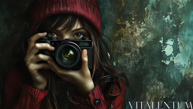 Curious girl with camera capturing quiet city moments.