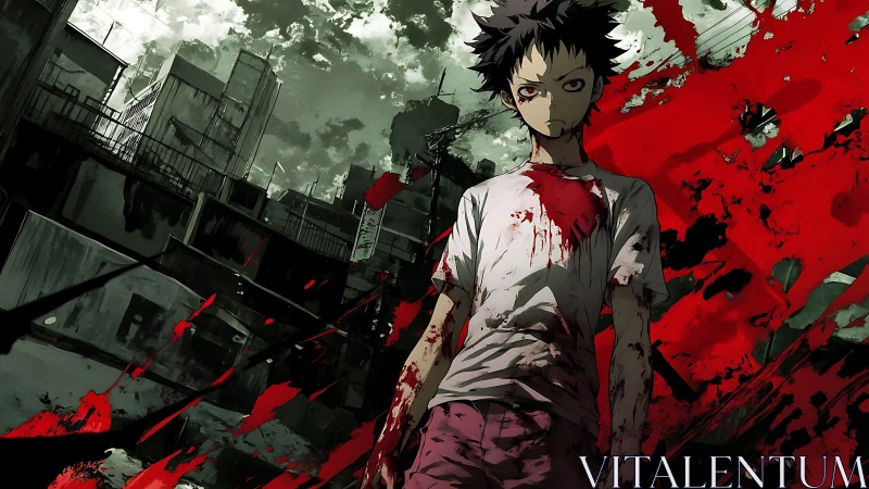 Bloodstained boy stands in ruined city with red splatters