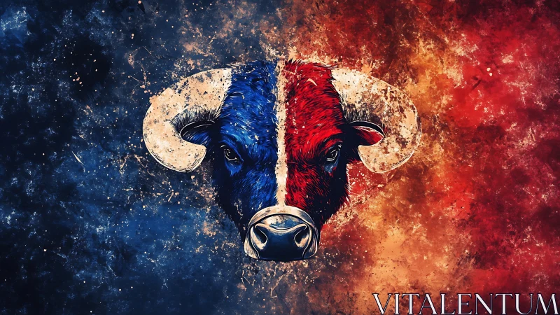 Two-tone ram head with blue and red textured background.