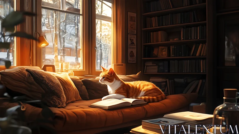 Orange Tabby Scholar Contemplates Literature Bathed in Golden Afternoon Glow