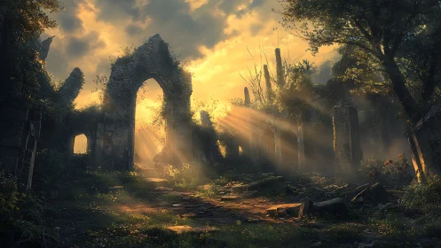Stone arch ruins in forest clearing under low sun rays.
