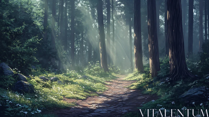 Sunlit Path Through Ancient Redwood Forest Canopy