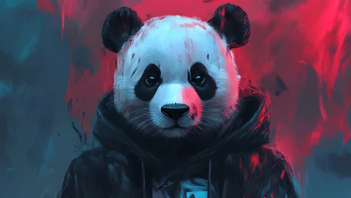 Hooded panda portrait under neon red and teal light.
