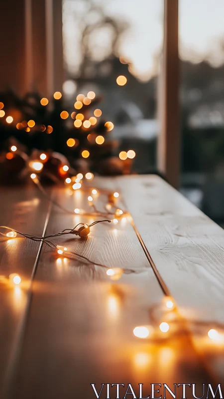 Golden string lights drifting across a quiet windowsill.