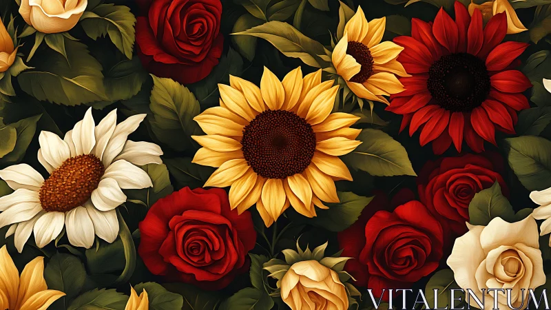 Mixed Floral Arrangement with Roses, Sunflowers, and Daisies.