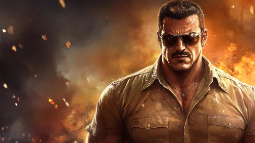 Tactical enforcer in burning embers with cinematic lighting.