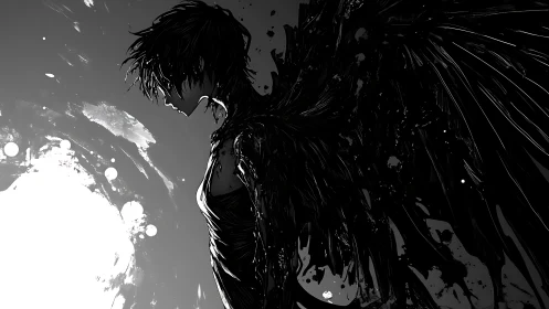 Silhouette of winged figure in stark monochrome profile.