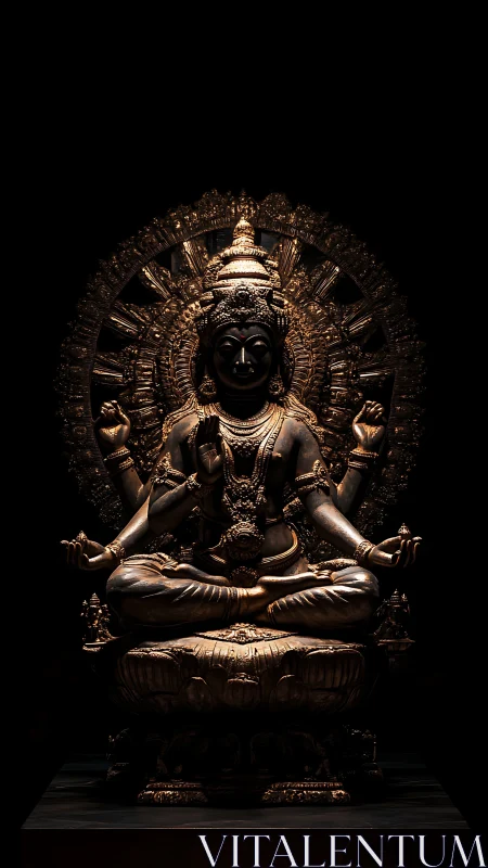 Golden multi-armed deity statue glows against dark void.
