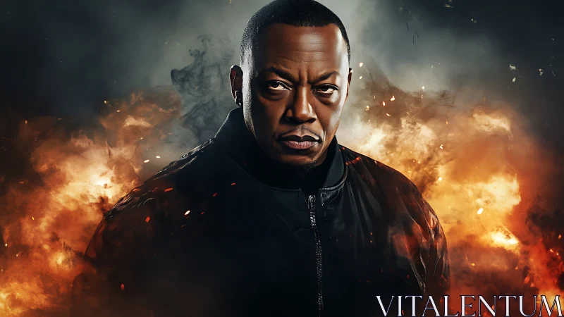 Male portrait with fiery smoke backdrop, frontal angle view.