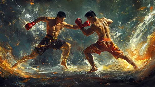 Dynamically Rendered Combat Scene with Dramatic Luminous Overlays.