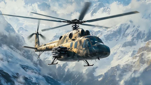 Combat helicopter in dynamic flight over icy mountain range.