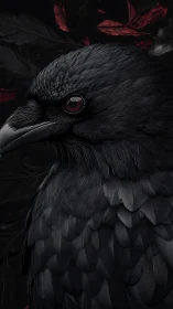 Dark raven portrait with red leaves on black background.