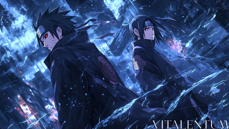 Two cloaked figures stand in blue-toned digital storm field