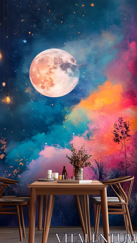 Moonlit nebula mural behind modern wooden dining set.