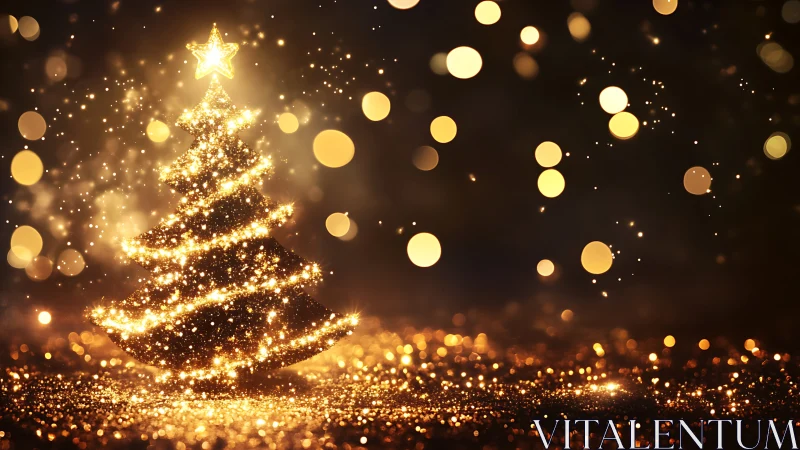 Glittering Christmas tree silhouette with golden bokeh lights.